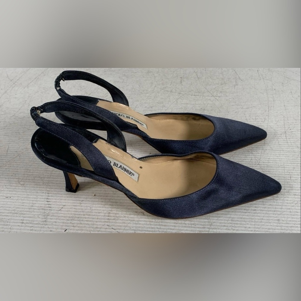 Manolo Blahnik Navy Satin Slingback Heels